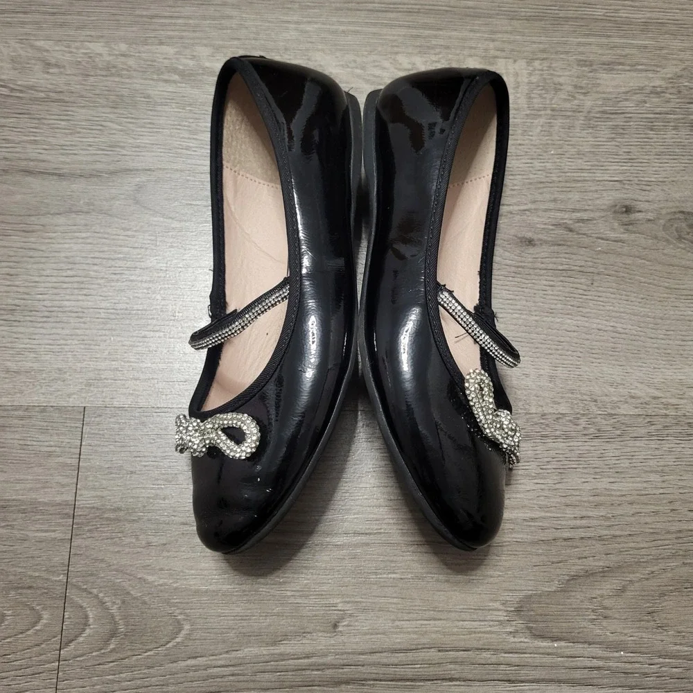 Nina Kids Black Patent Mary Jane Rhinestone Bow Flats Dressy Glossy Shoes 2